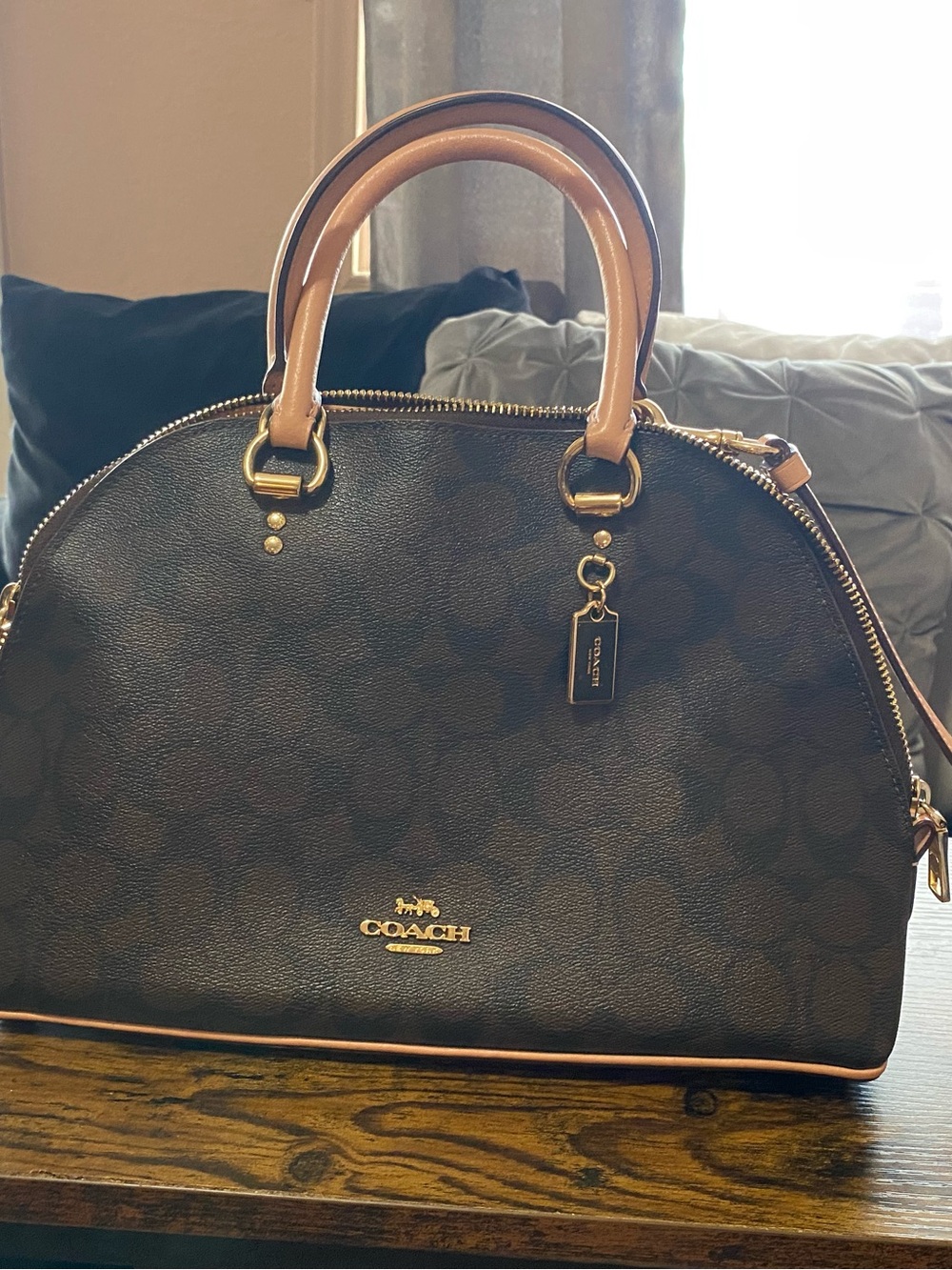 Coach Dark Brown Signature Dome Satchel with Tan Handles